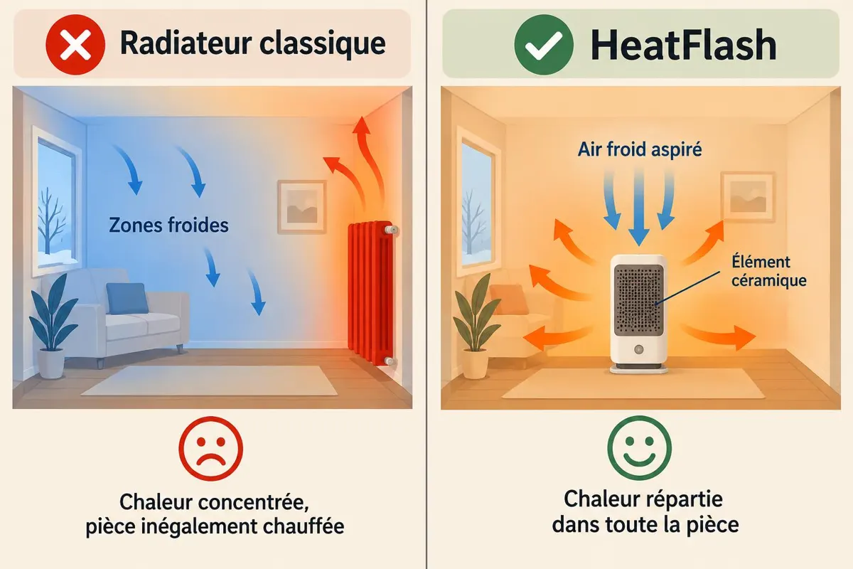 Radiateur classique contre convection HeatFlash : zones froides vs chaleur répartie